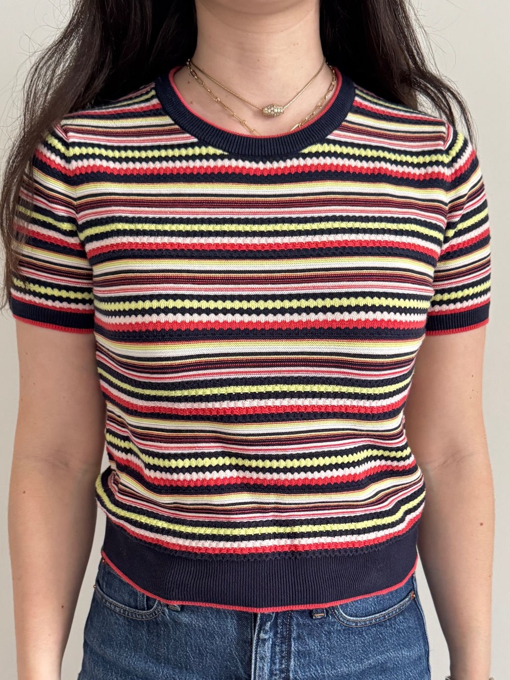 ZARA Ribbed Knit Crop Top Multicolor Stripe Navy Red Size S